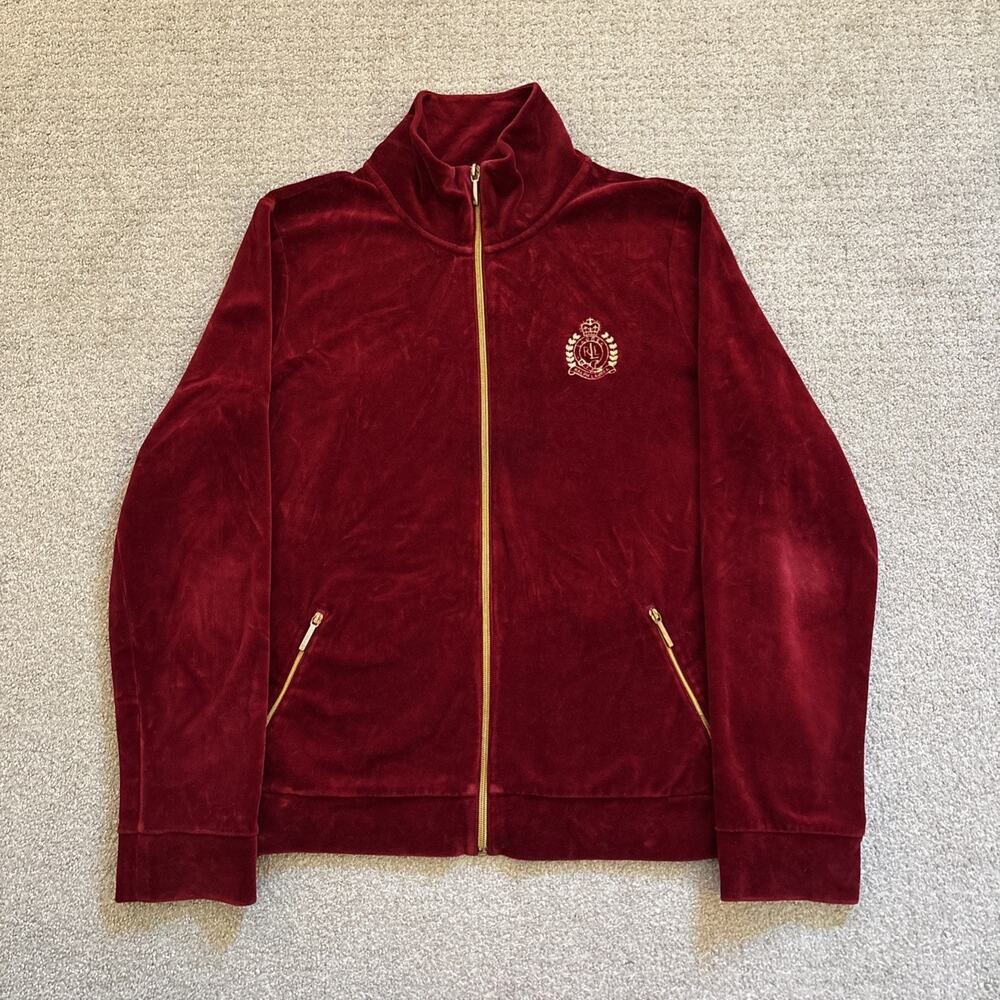 Lauren Ralph Lauren Womens XL Velour Red Track Suit Jacket Gold Crest & Zip VTG